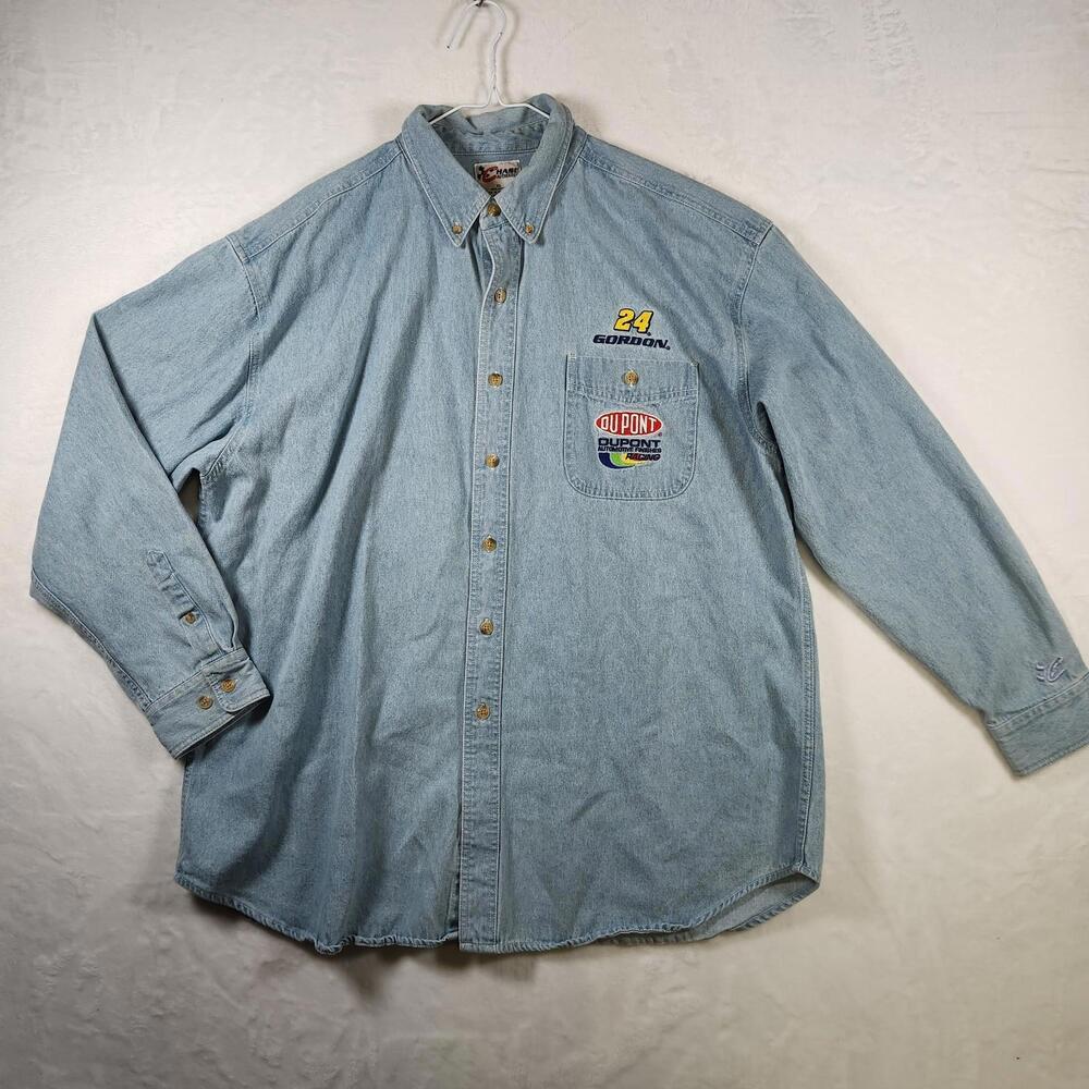 Rare VTG CHASE AUTHENTICS Jeff Gordon Racing Team Casual Denim Jean Shirt 90s XL